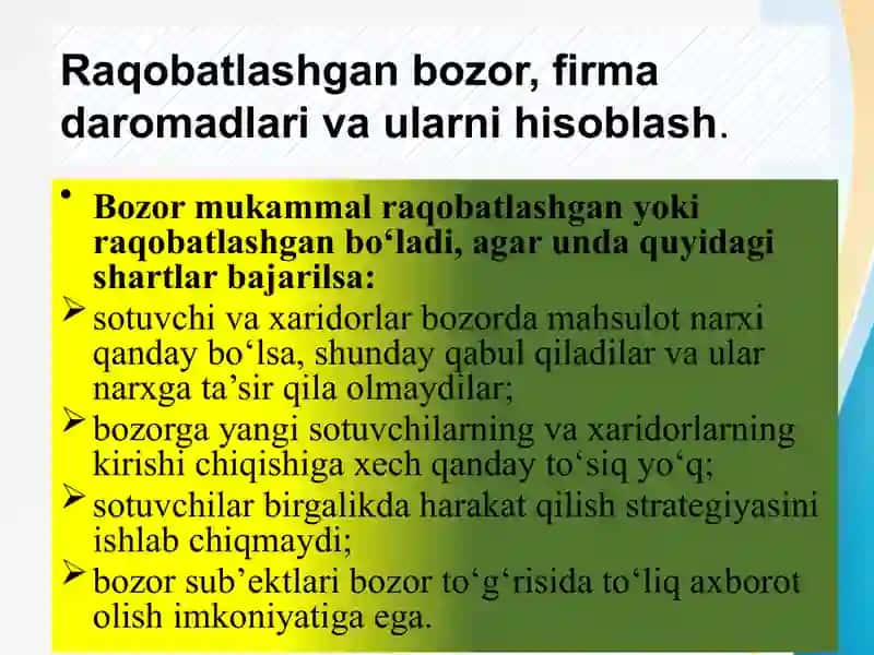Raqobatlashgan bozorlardagi firmalar faoliyati 3