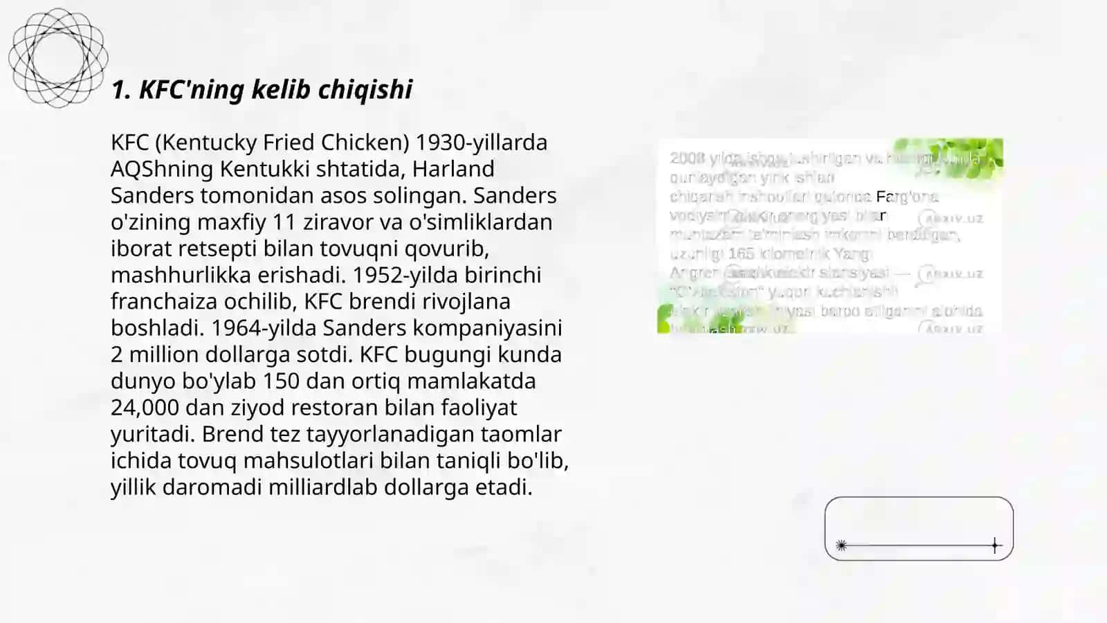 KFC kelib chiqish sabablari va tarixi prezentatsiya 3