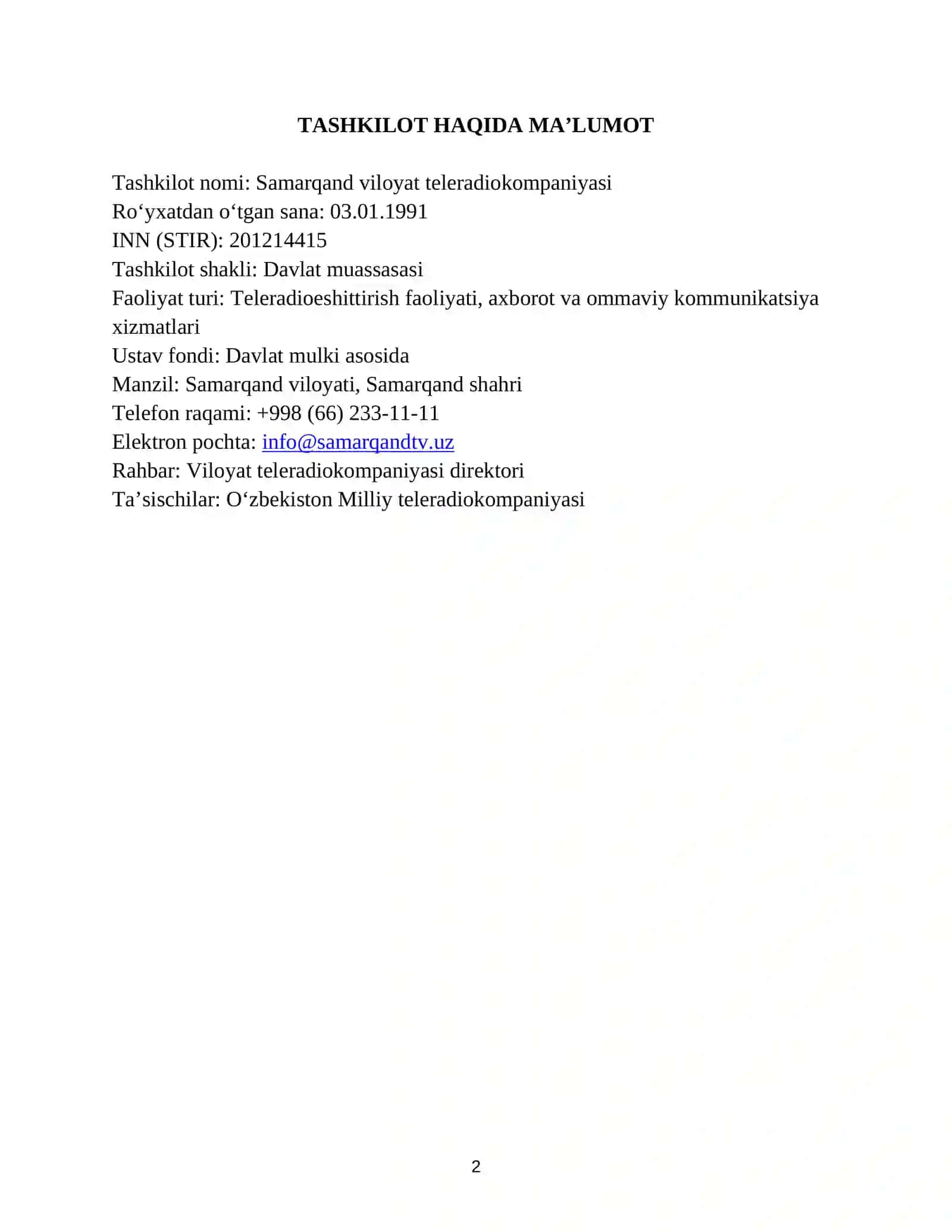 "TELERADIOKOMPANIYA" BOʻYICHA BITIRUV OLDI AMALIYOT HISOBOTI 3