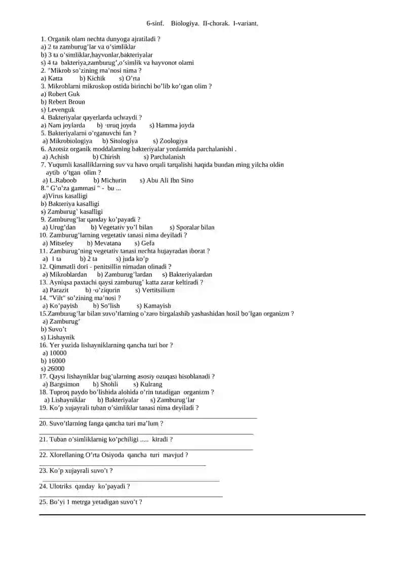 Biologiya Test Savollari 3