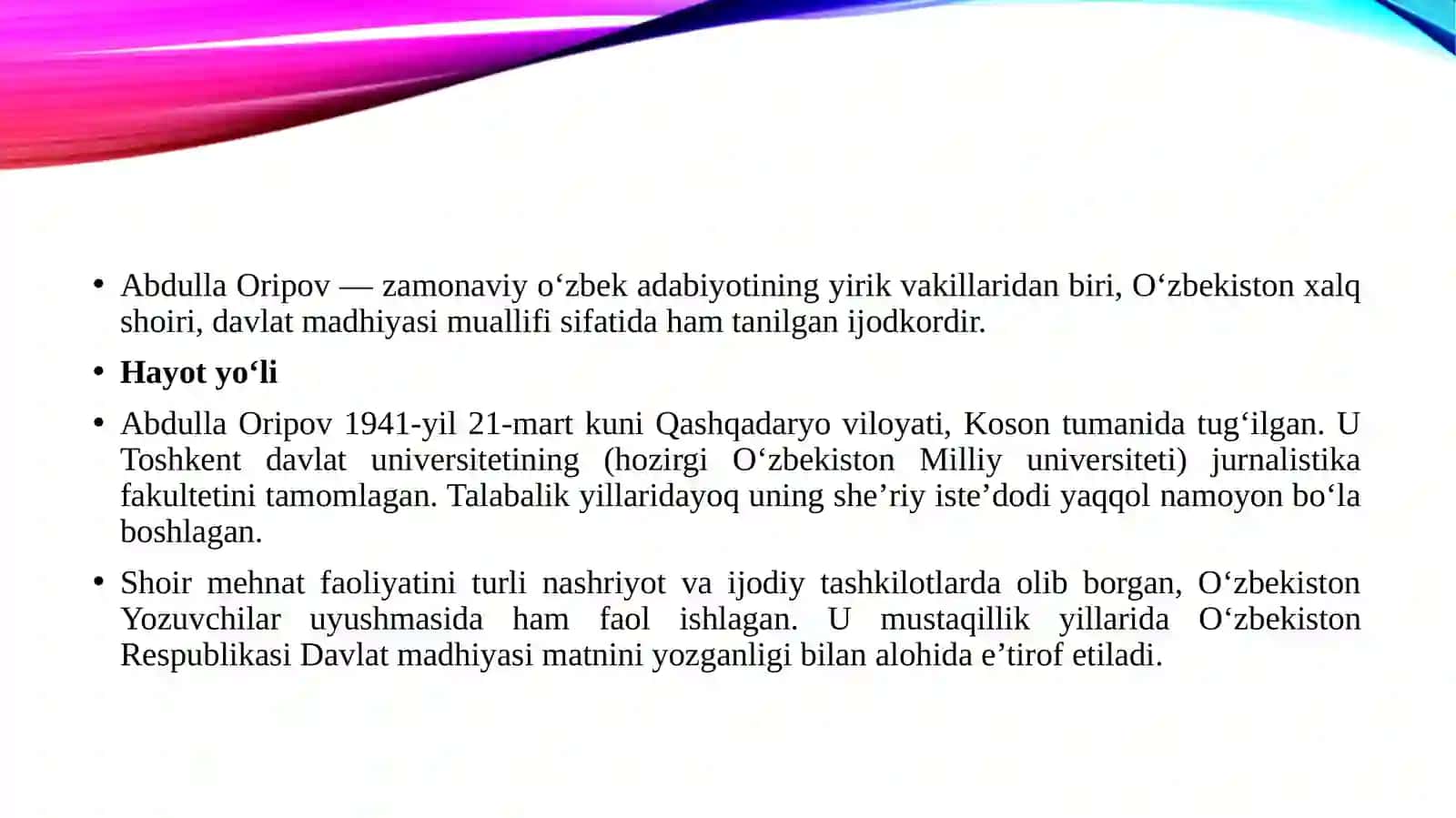 Abdulla Oripov hayot yoʻli va ijodi 3