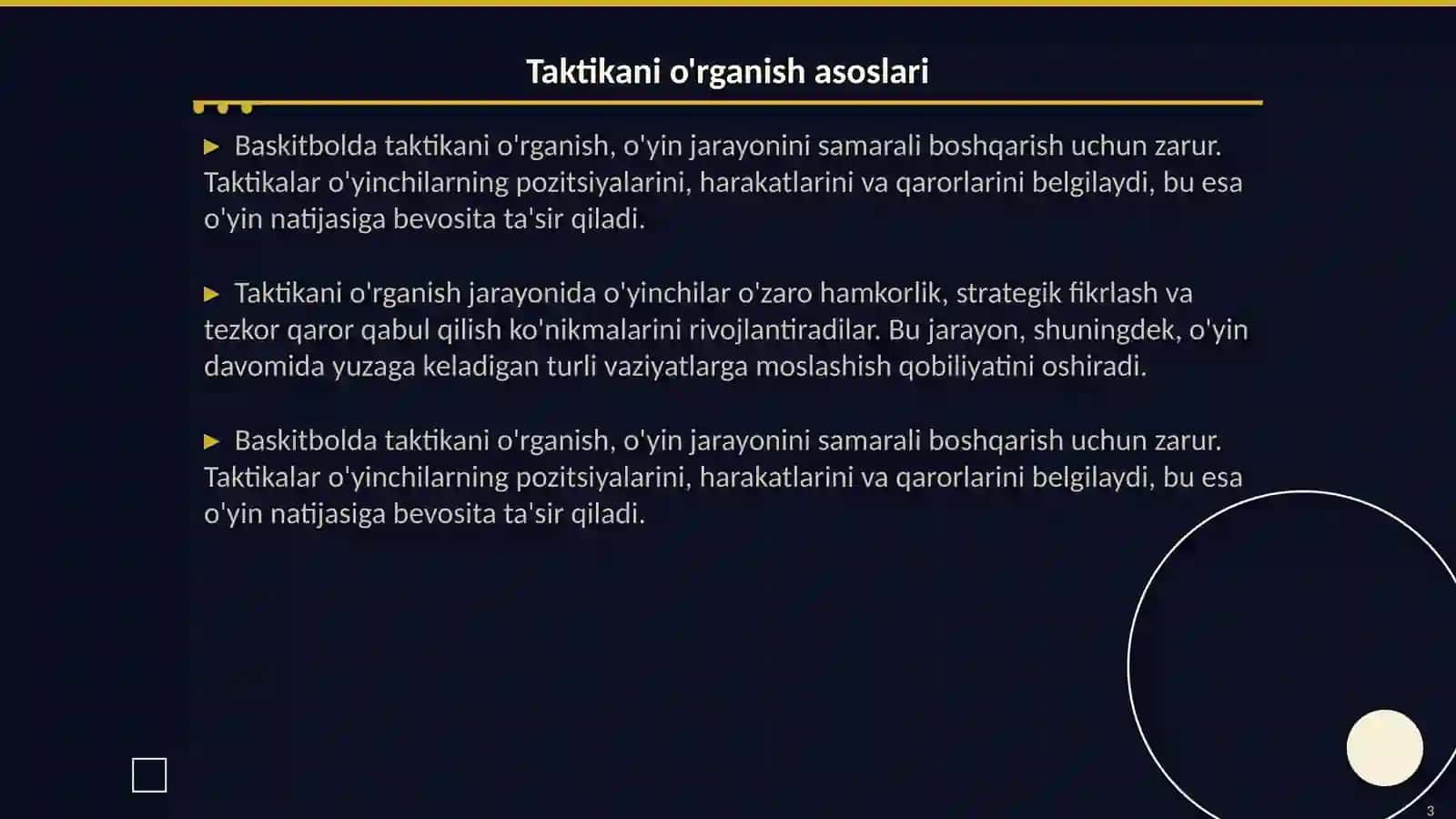Baskitbolda taktikani o'rganish asoslari 3