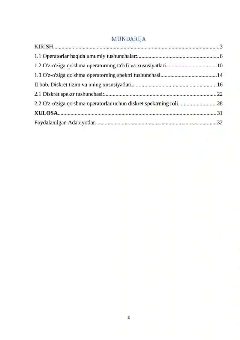 O’z-o’ziga qo’shma operatorning diskret spektri 3