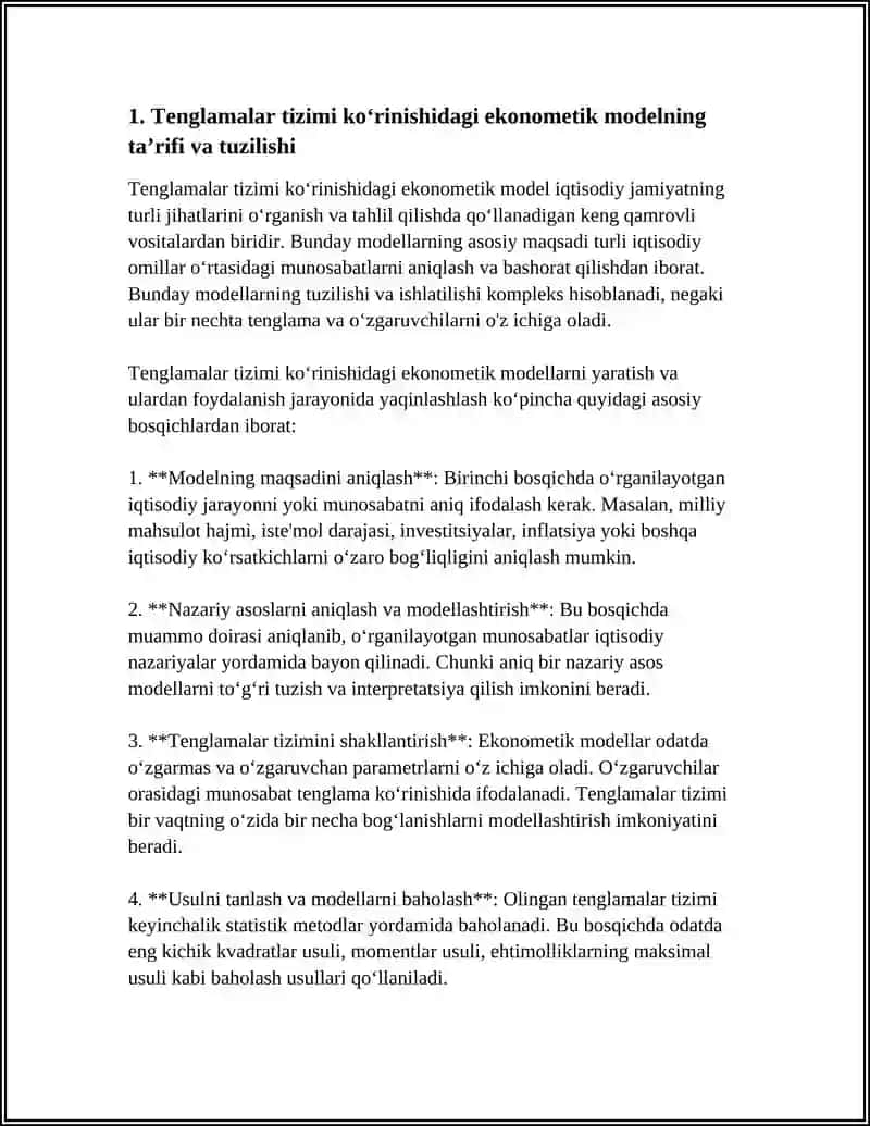 TENGLAMALAR TIZIMI KO‘RINISHIDAGI EKONOMETRIK MODEL 3