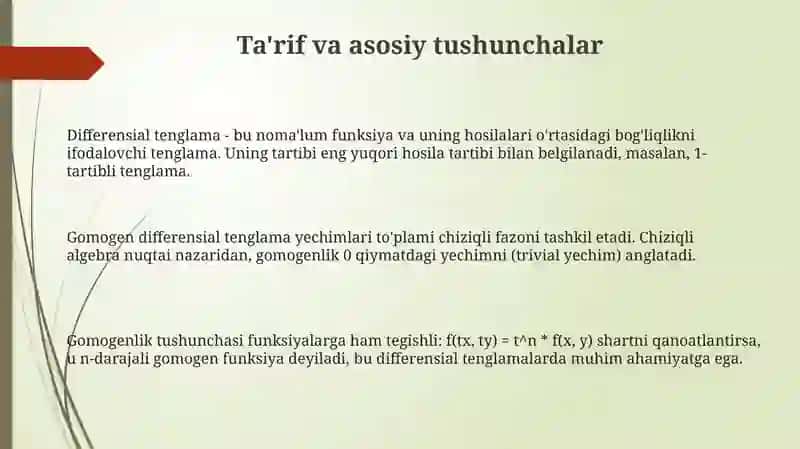 Gomogen differentsial tenglamalar: Ta'rif va asosiy tushunchalar 3