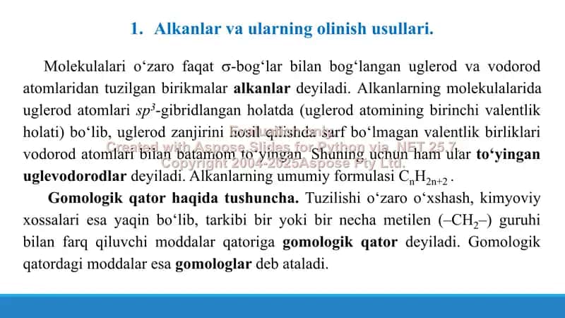 4. Alkanlar va sikloalkanlarning olinish usullari. Bisiklik va polisiklik alkanlar. Taqdimot,   18 bet. 3