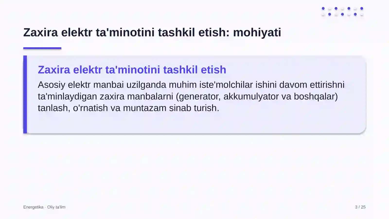Buyurtmaxonalarda zaxira elektr ta'minotini tashkil etish 3