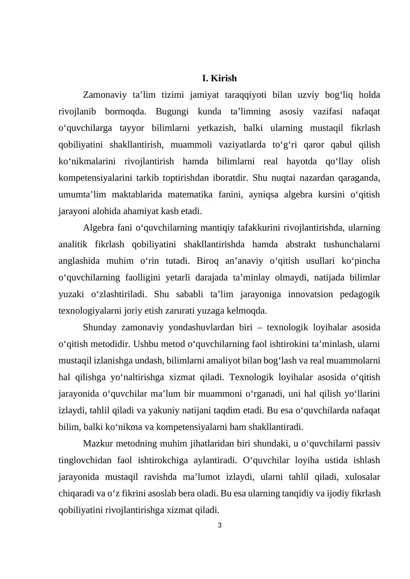Algebra kursini texnologik loyihalar asosida o`qitish kurs ishi 3