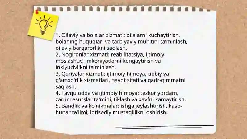 Ijtimoiy xizmatning 5ta yo'nalishini solishtiruvchi jadval 3