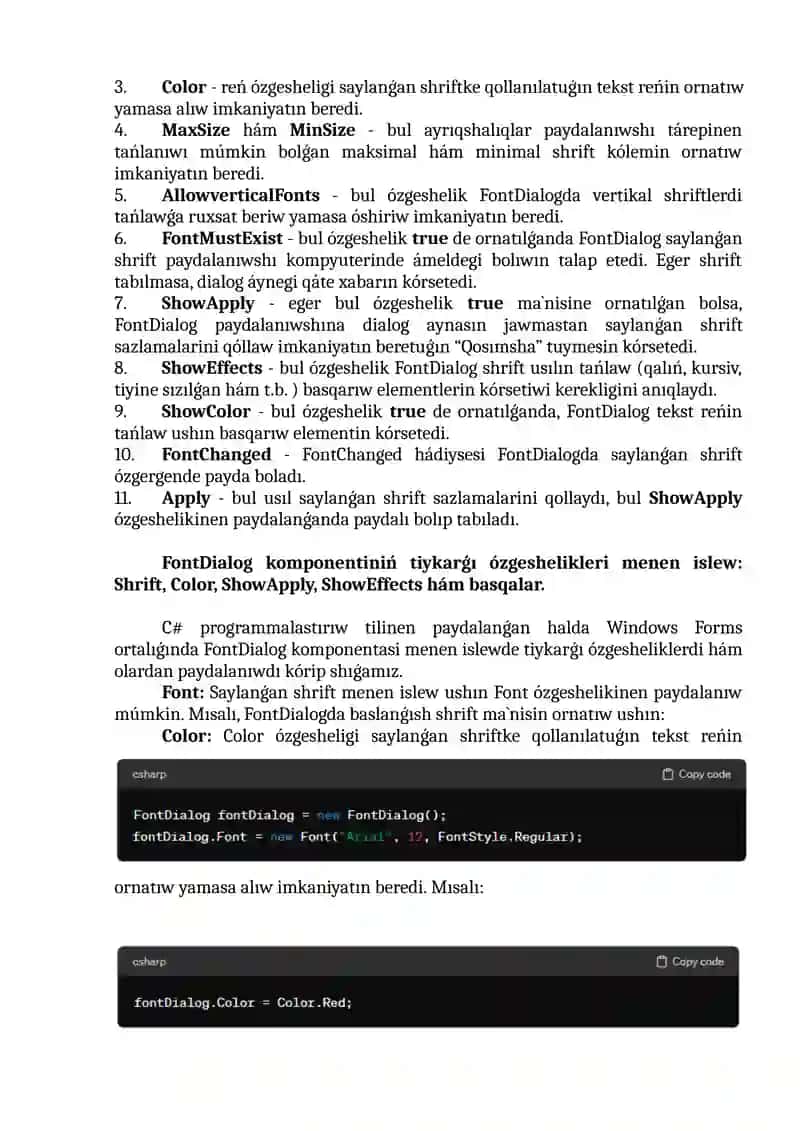 FontDialog komponentası menen islew. Qásiyetleri hám waqıyaları. 3