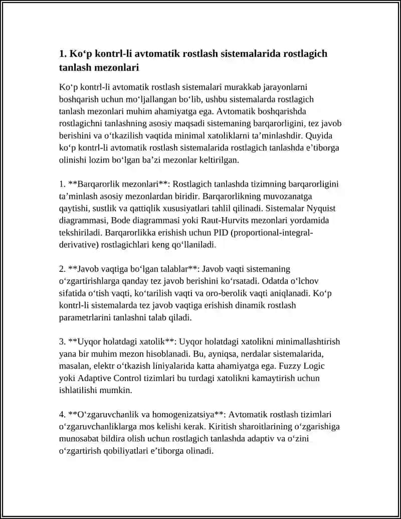 KOʻP KONTRLI AVTOMATIK ROSTLASH SISTEMALARI ROSTLAGICHLARINI TANLASH 3