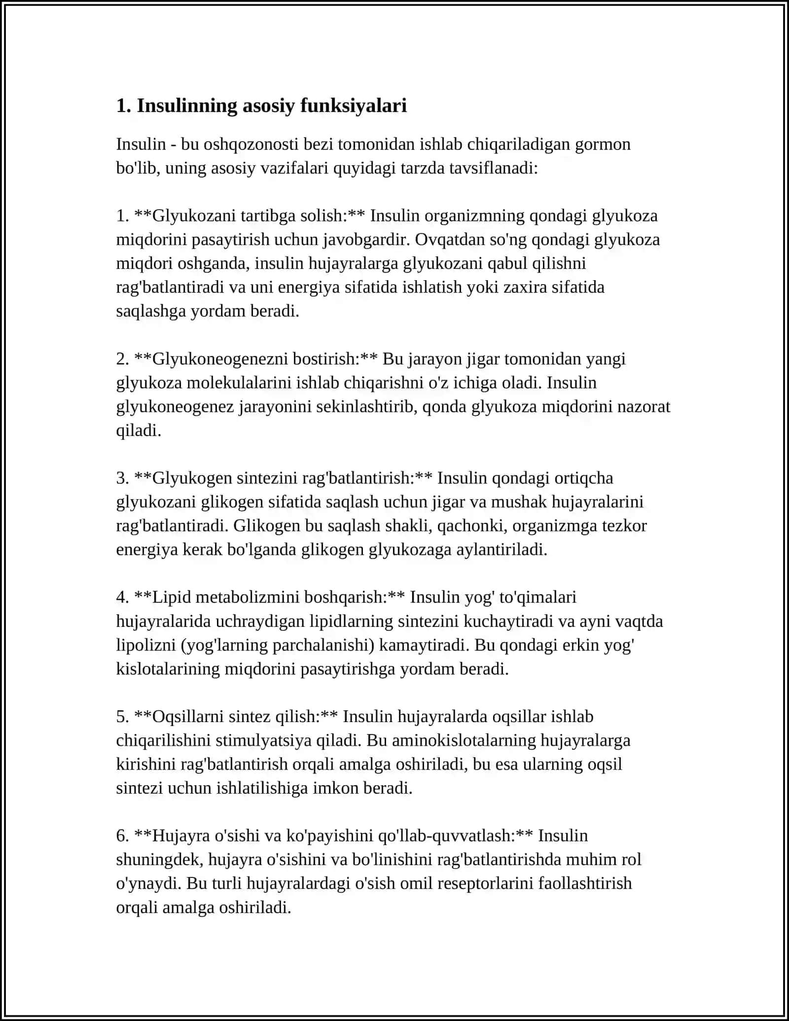 MAVZU 8. ODAM ORGANIZMIDA KECHADIGAN METABOLIK JARAYONLARDA INSULIN VA GLYUKOGONNING ROLI 3