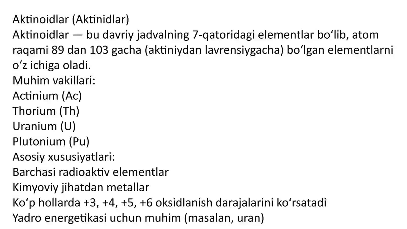 Aktinoidlar.Radiokimyo. Transuran elementlar. Tabiiy va sunʼiy radiofaollik 3