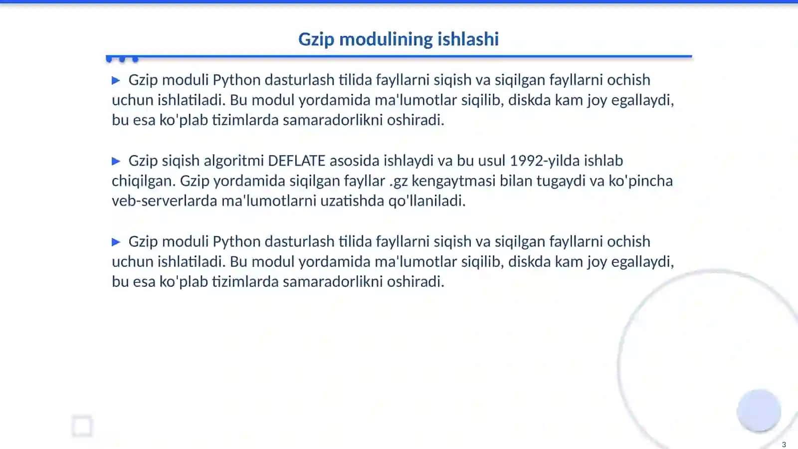Pythonda gzip, olib, zipfile modullari bilan ishlash 3