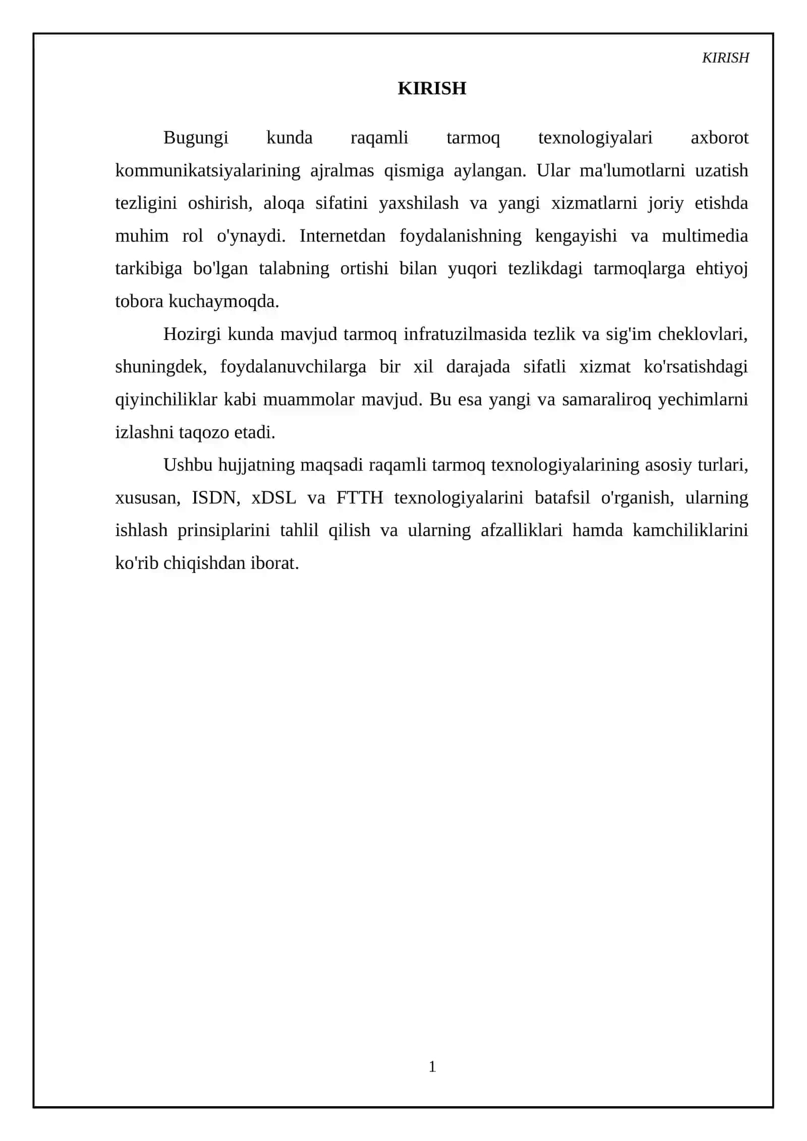 Raqamli tarmoq texnologiyalari: ISDN, xDSL, FTTH 3