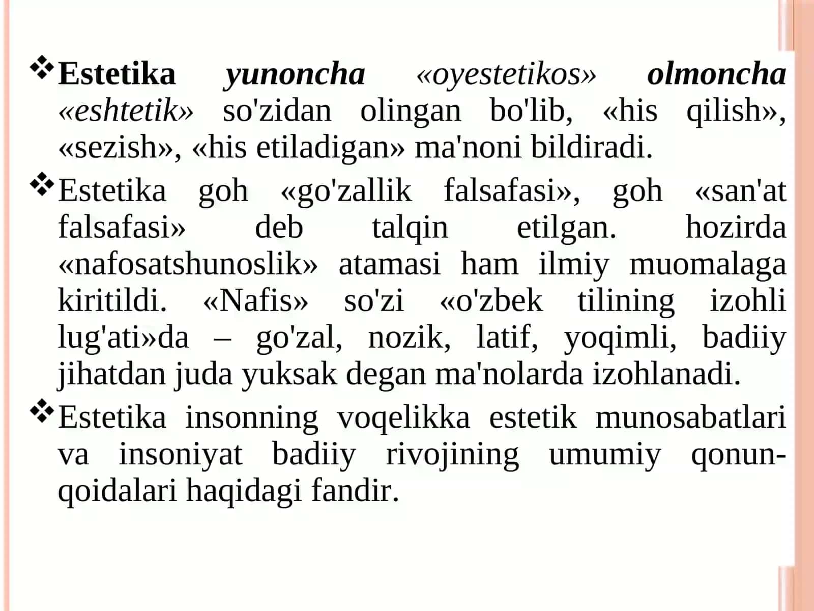 Estеtik qаrаshlаr tаriхi (qаdimgi dаvr, o'rtа аsrlаr, yangi dаvr). 3