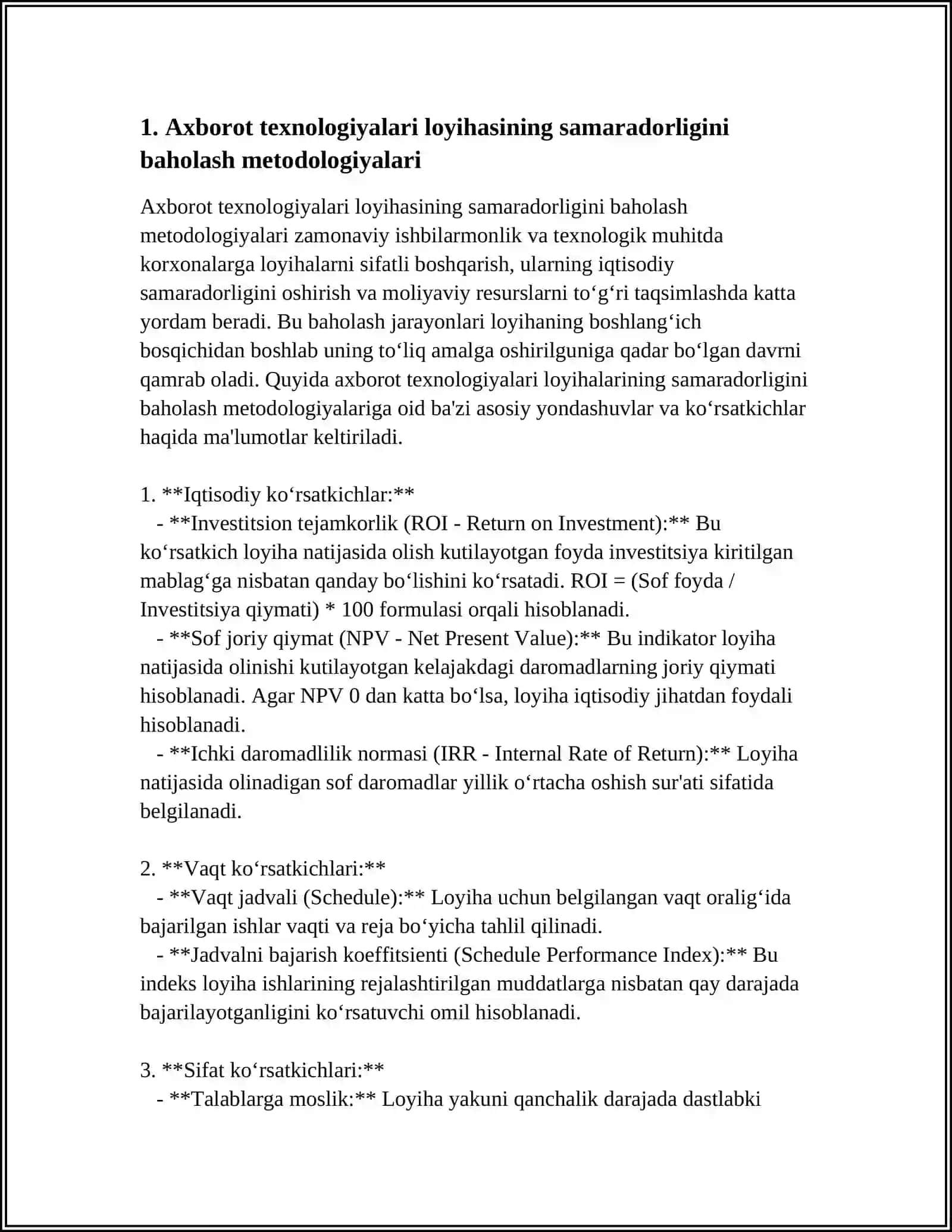 IT LOYIHASI TAQDIMOTI SAMARADORLIGINI BAHOLASH 3