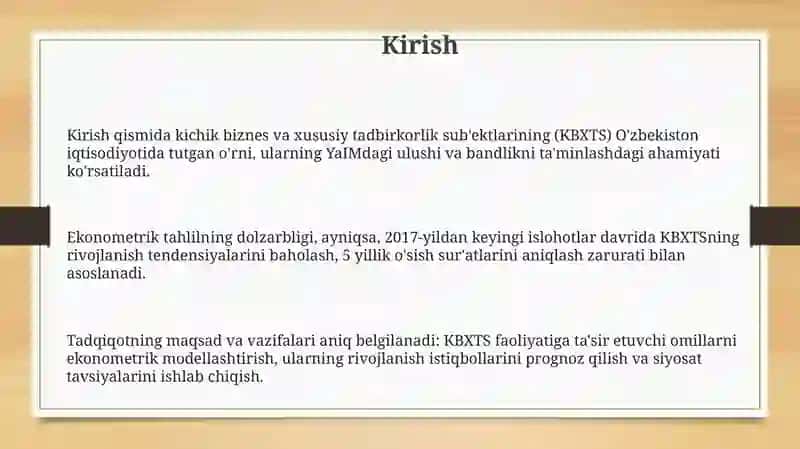 KICHIK BIZNES VA XUSUSIY TADBIRKORLIK SUBYEKTLARI KO'RSATKICHLARINI EKONOMETRIK TAHLIL QILISH 3