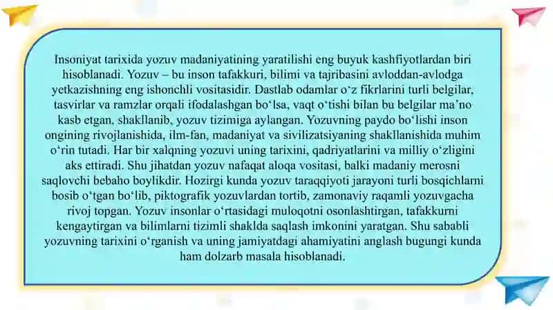 Yozuv taraqqiyoti va yozuvning ahamiyati slayd 3