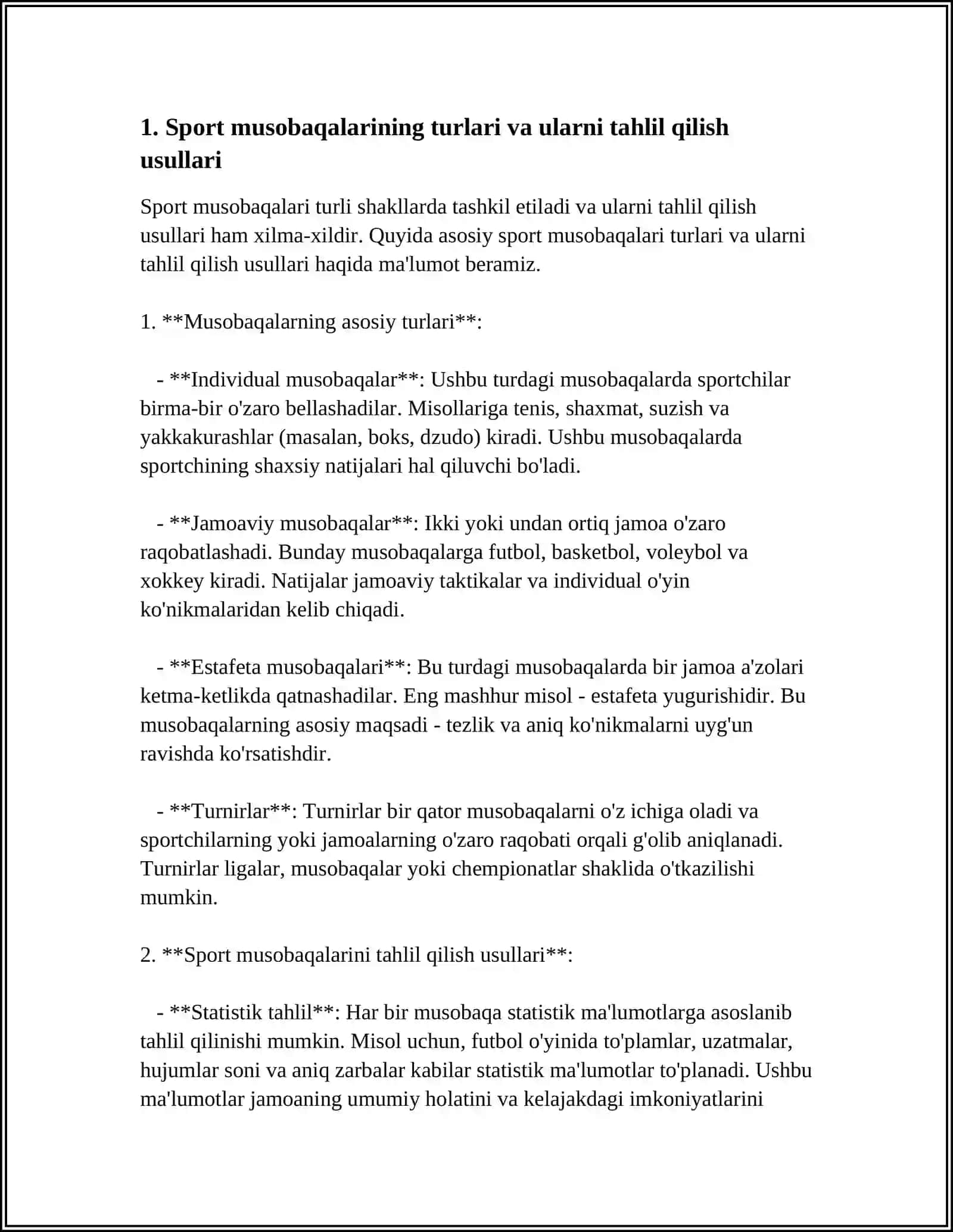 HAR XIL DARAJADAGI SPORT MUSOBAQALARIDA, JISMONIY - SOGʻLOMLASHTIRUVCHI VA OMMAVIY SPORT TADBIRLARINI TAHLIL QILISH 3