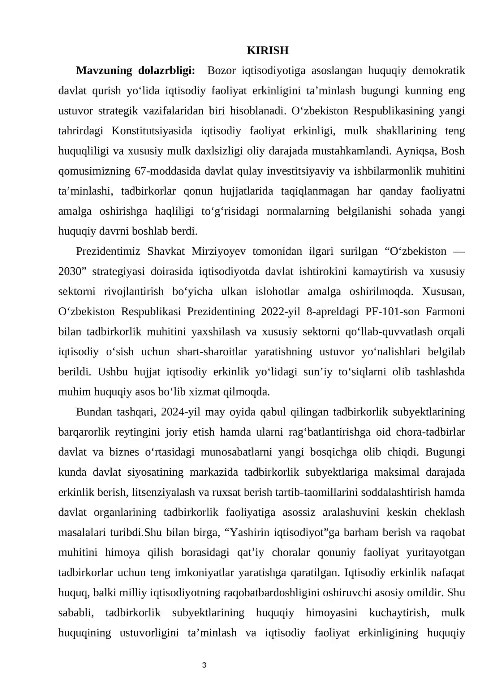 Iqtisodiy faoliyat erkinligi kurs ishi 3