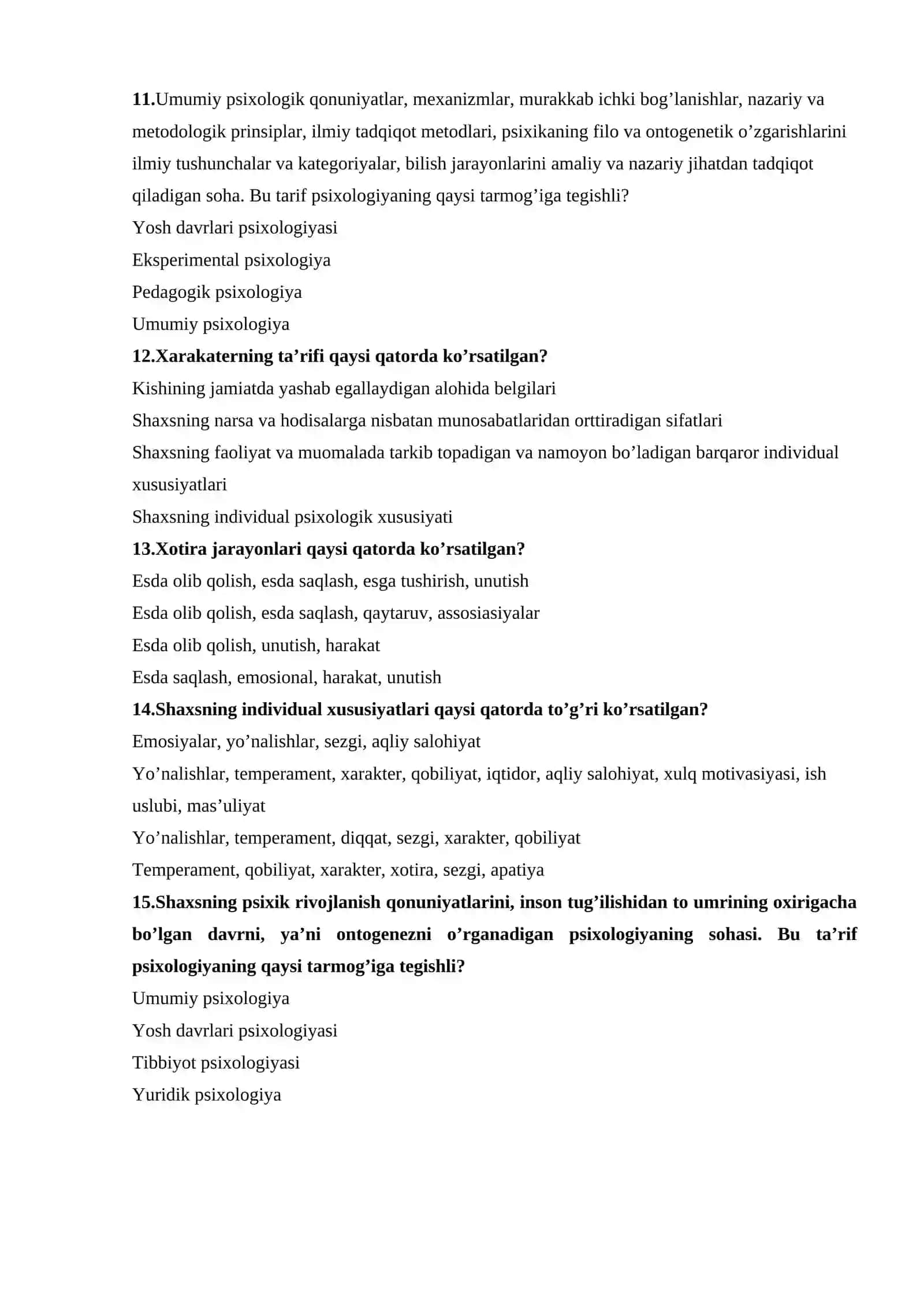 Психология фанидан тест саволлари 3