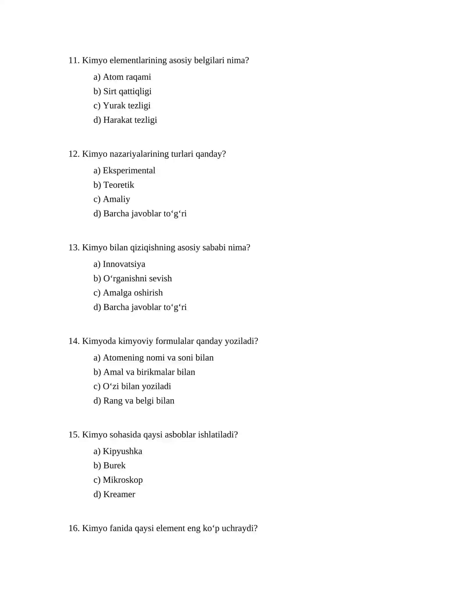 Kimyodan muqobil javobli testlar tuzish 3