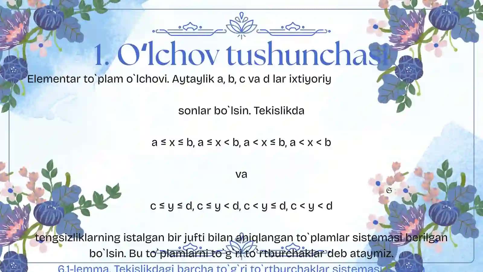 Chiziqli toʻplamning Jordan, Lebeg va Stiltes oʻlchovlari 3