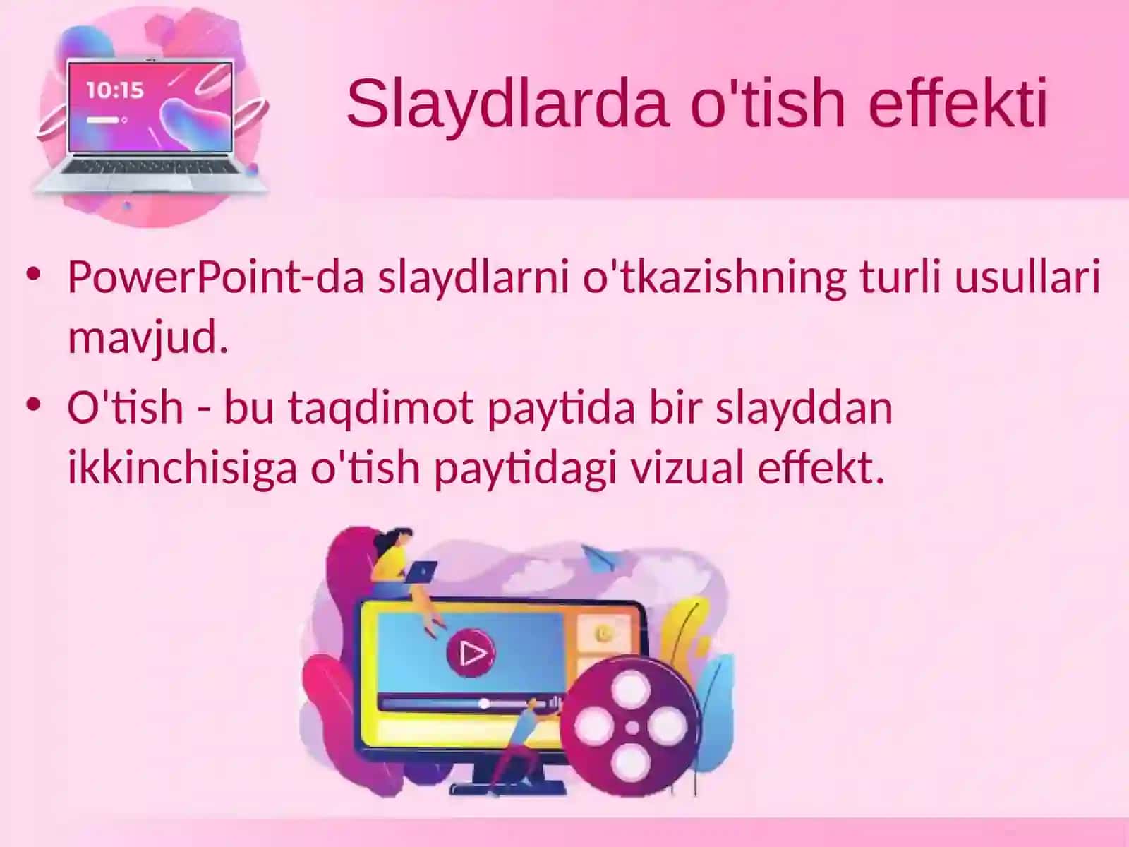 Animatsiyalar va slaydlar da o'tish effektlarini sozlash 3