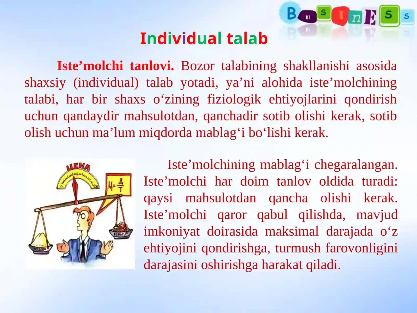Yakka (individual) va bozor talabi 3
