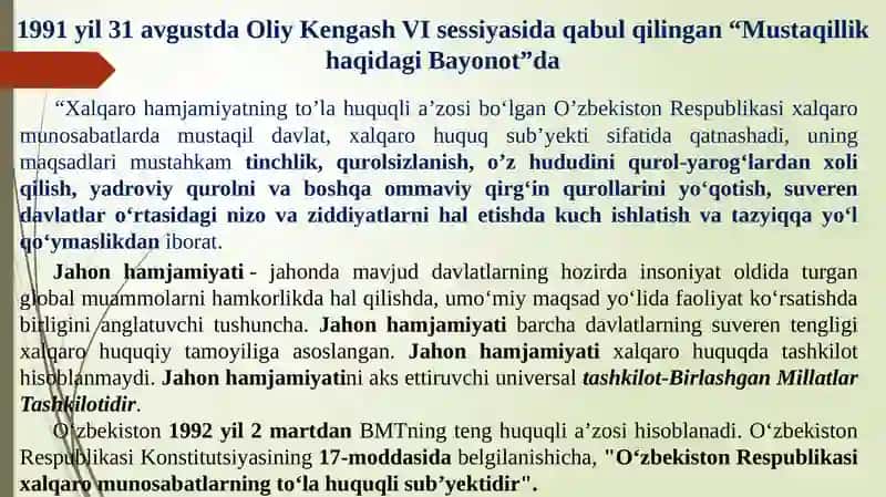 O‘zbekistonning xalqaro aloqalari va jahon hamjamiyatidagi o‘rni 3