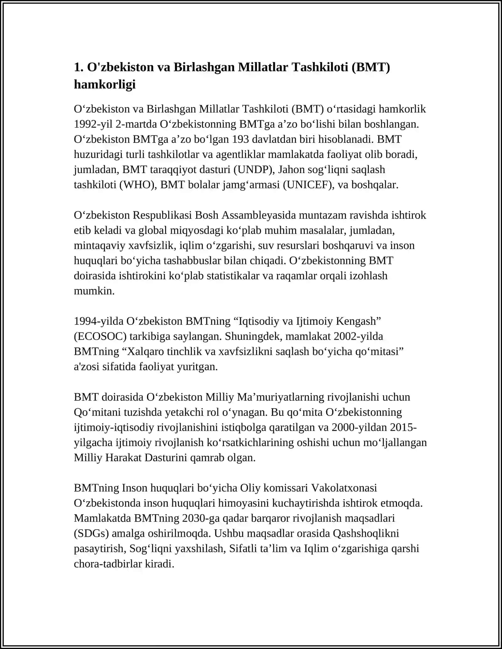 O‘zbekistonning Xalqaro Tashkilotlari Bilan Hamkorlik Aloqalari 3