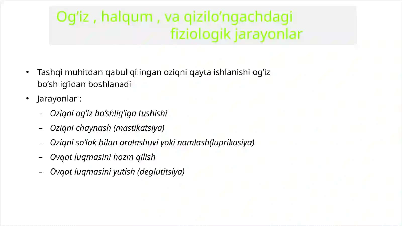 OG’IZ BO’SHLIG’I VA ME’DADA HAZM QILISH 3