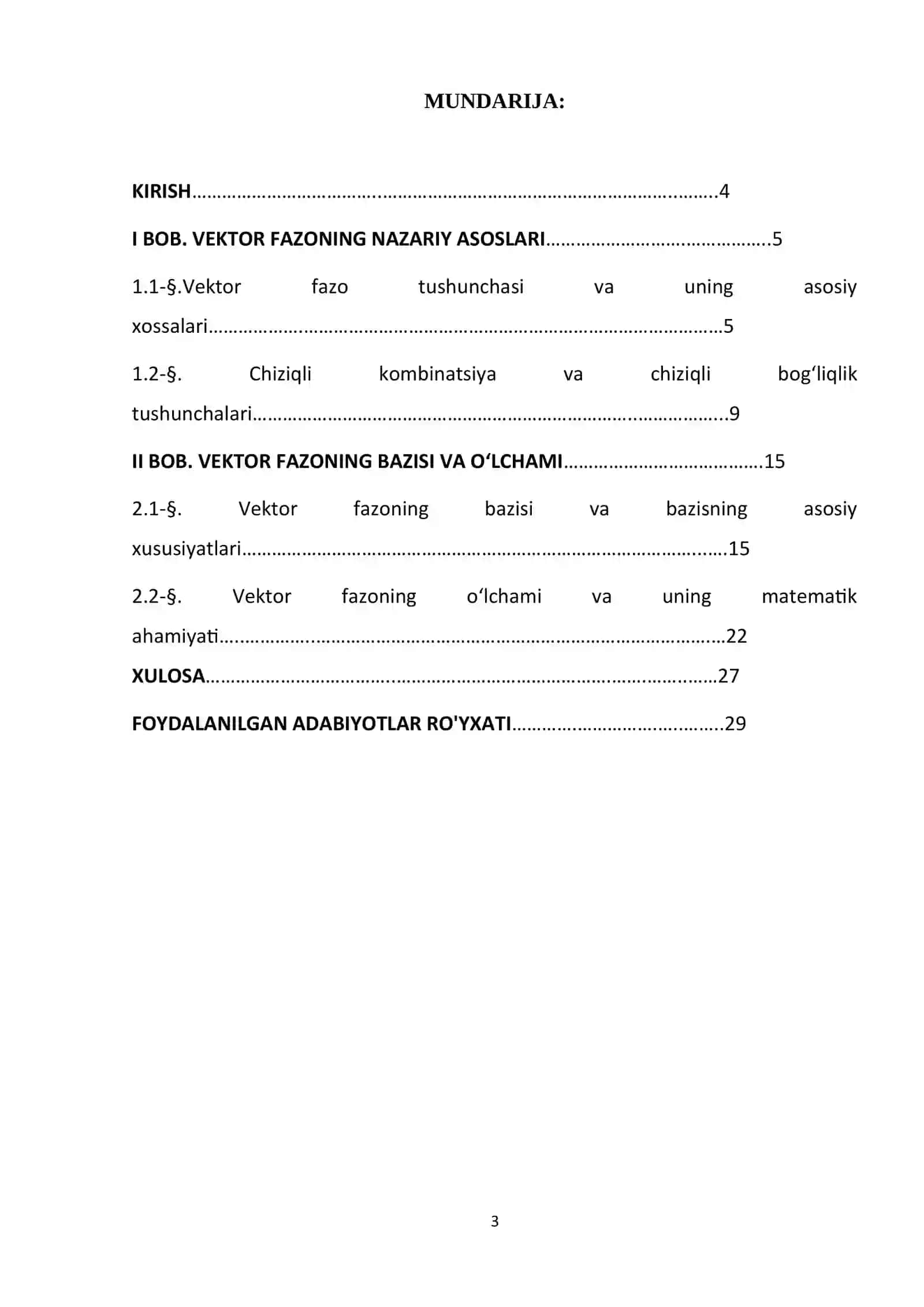 Vektor fazoning bazisi va oʻlchami kurs ishi 3