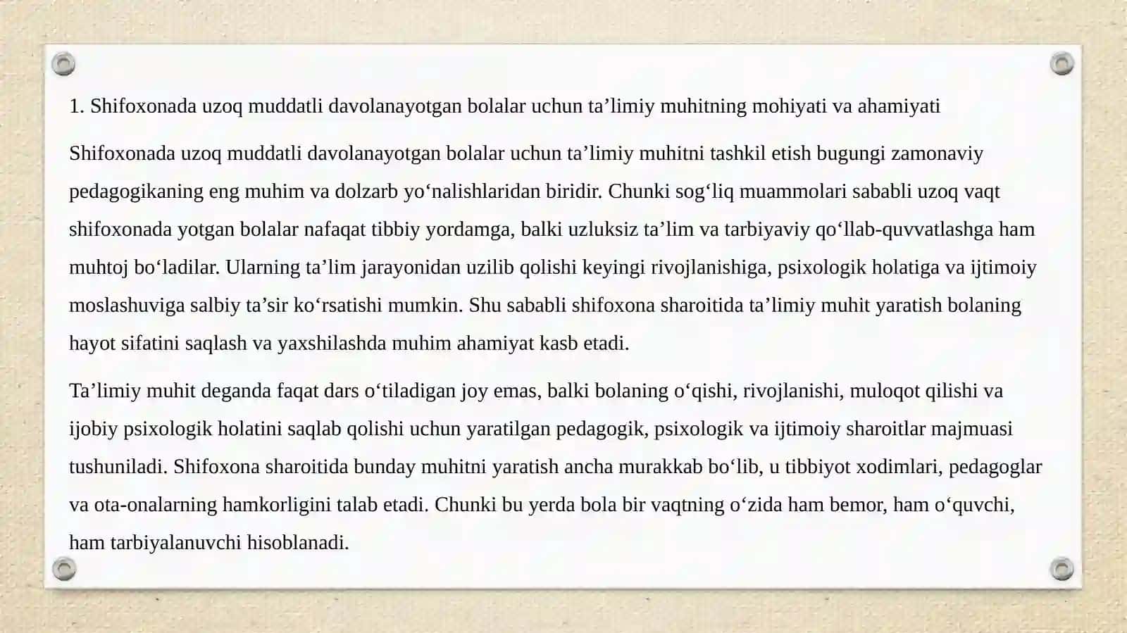 Shifoxonada Uzoq muddatli Davolanayotgan Bolalar Uchun Ta'limiy Muhit 3