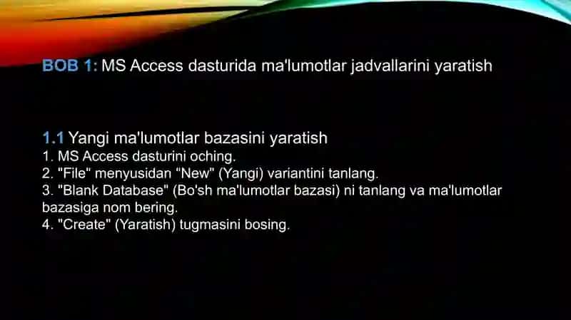 MS Access da ma’lumotlar jadvallarini ishlab chiqish va bog’lash 3