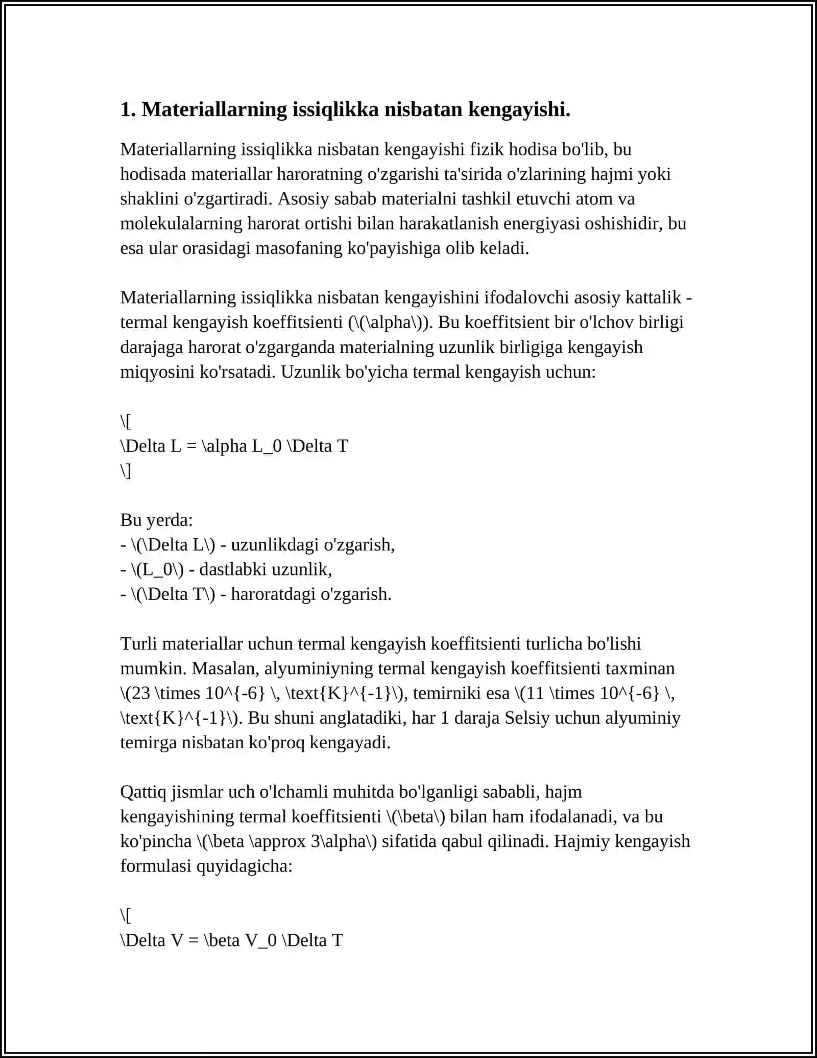Mavzu: MATERIALLARNING ISSIQLIK KENGAYISHI 3