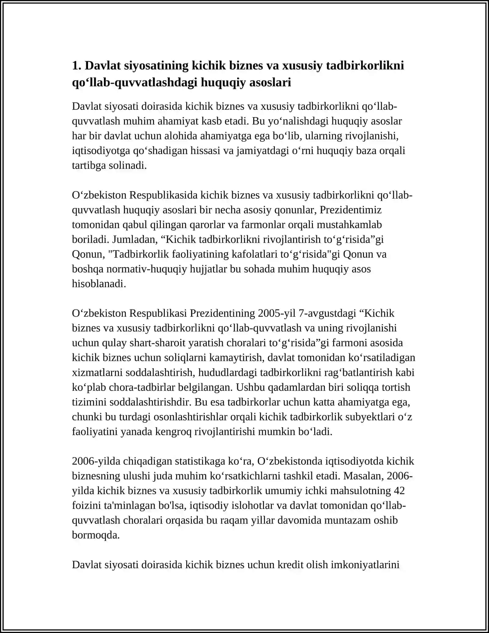 KICHIK BIZNES VA XUSUSIY TADBIRKORLIKNI QOʻLLAB QUVVATLASHDA DAVLATNING SIYOSATI 3