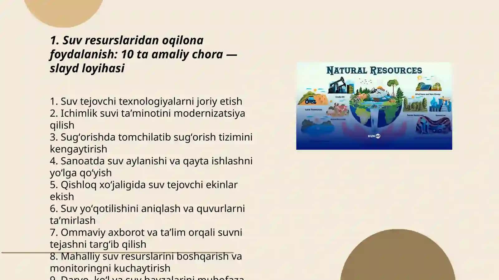 Suv resurslaridan oqilona foydalanish: 10 ta amaliy chora — slayd loyihasi 3
