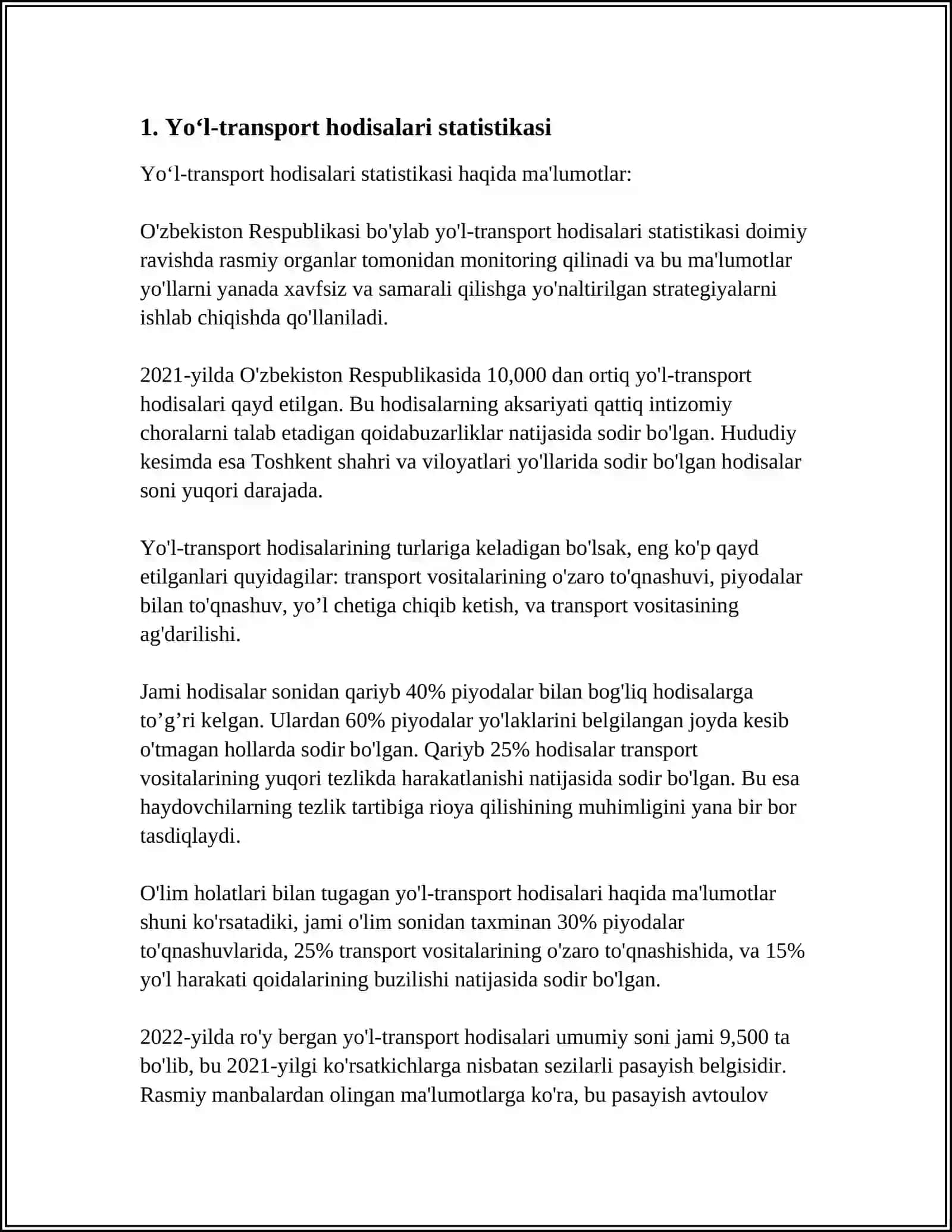 YO‘L TRANSPORT HODISALARI STATISTIKASI 3