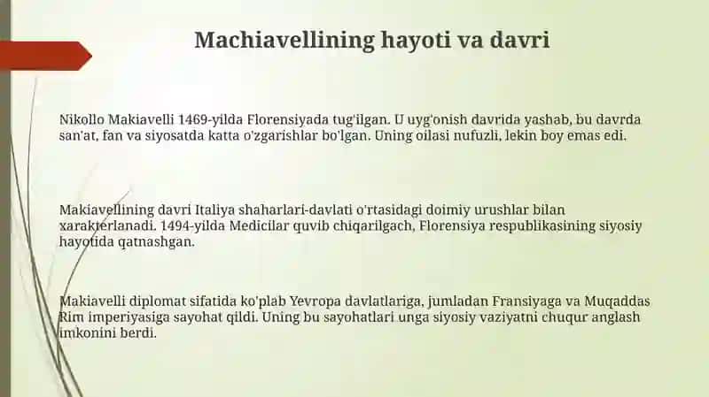Makiavellining “Xukmdor” asari bo`yicha taqdimot tayyorlash 3