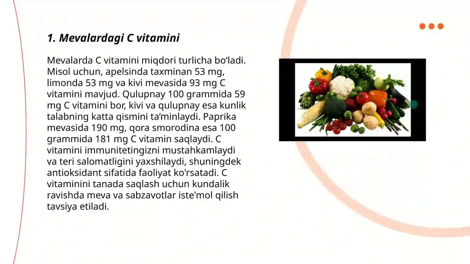 Mevalar yoki sabzavotlar tarkibidagi vitamin va minerallar 3