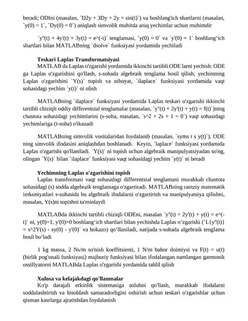 Laplas Transformasiyasi bilan MATLAB da 2-tartibli Differensial Tenglama Yechish 3