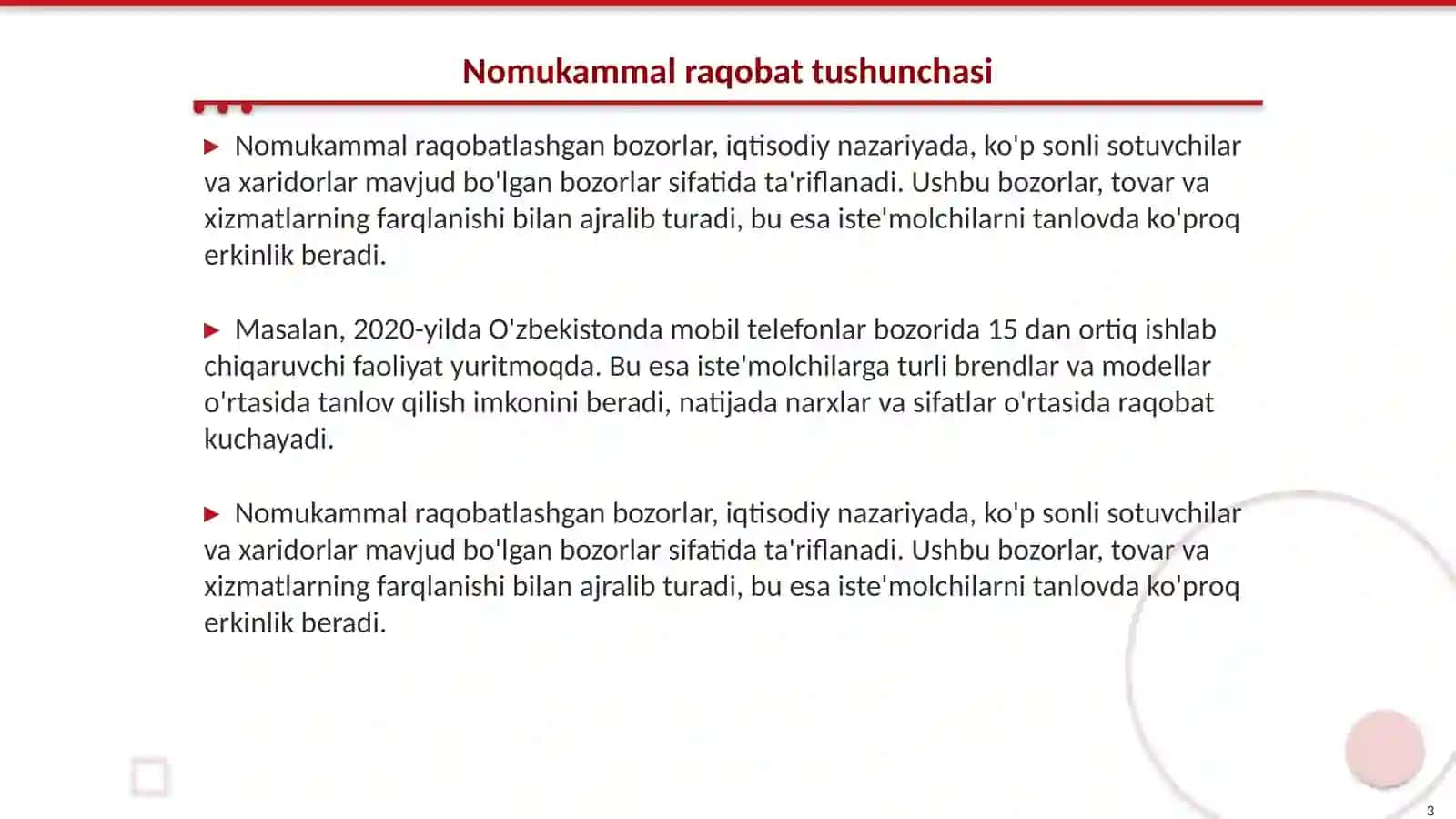 Nomukammal raqobatlashgan bozorlar va ularning xususiyatlari 3