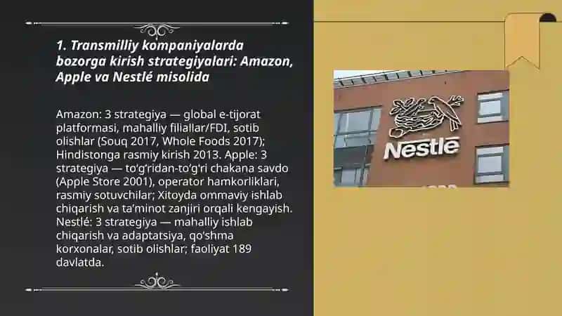 Transmilliy kompaniyalarning global marketing strategiyalari: Amazon, Apple yoki Nestlé misolida 3