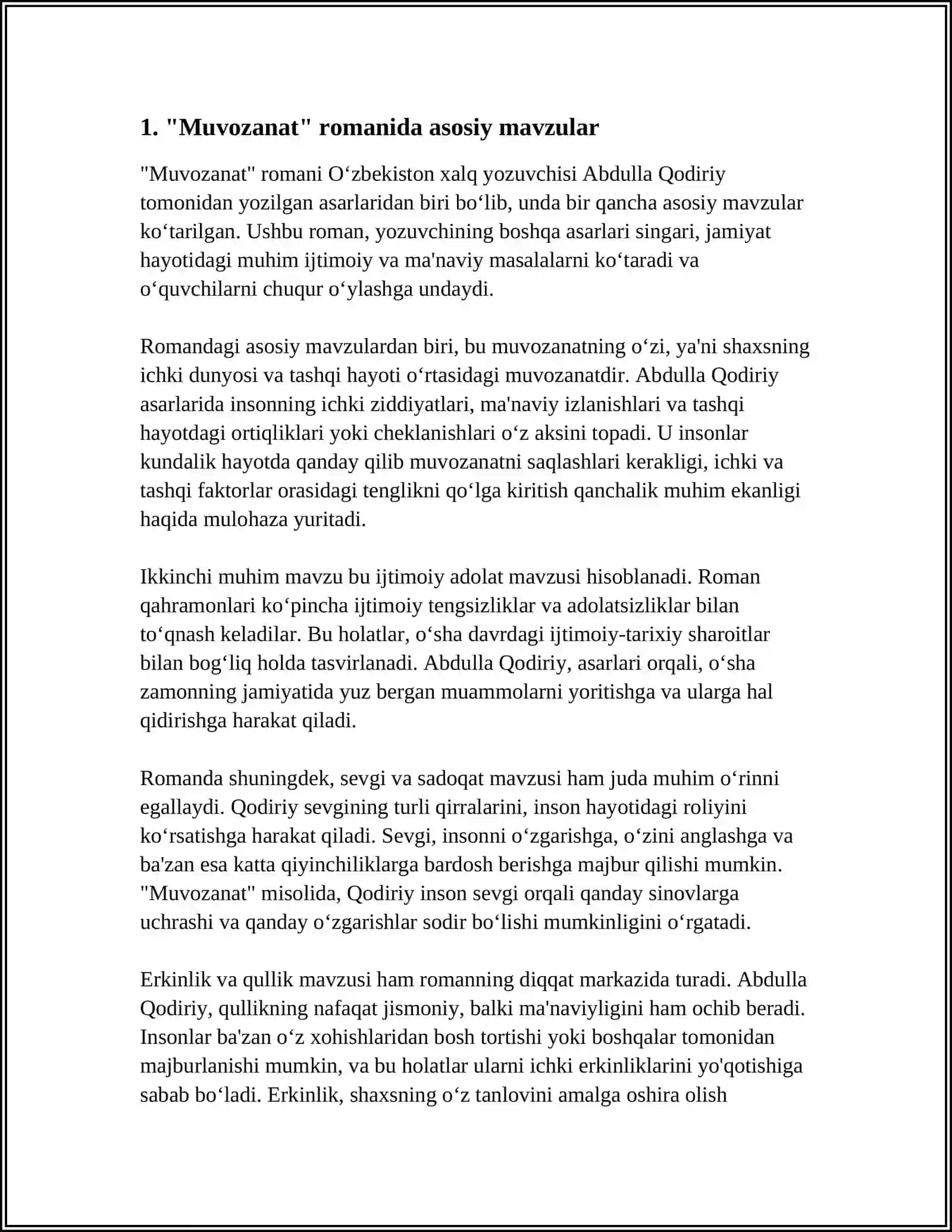 ULUGʻBEK HAMDAMNING MUVOZANAT ROMANI BOʻYICHA REFERAT 3