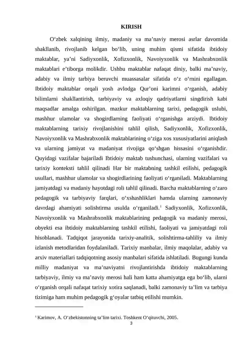 Ibtidoiy maktablarda sadiyxonlik, xofizxonlik, navoiyxonlik, mashrabxonlik. 3