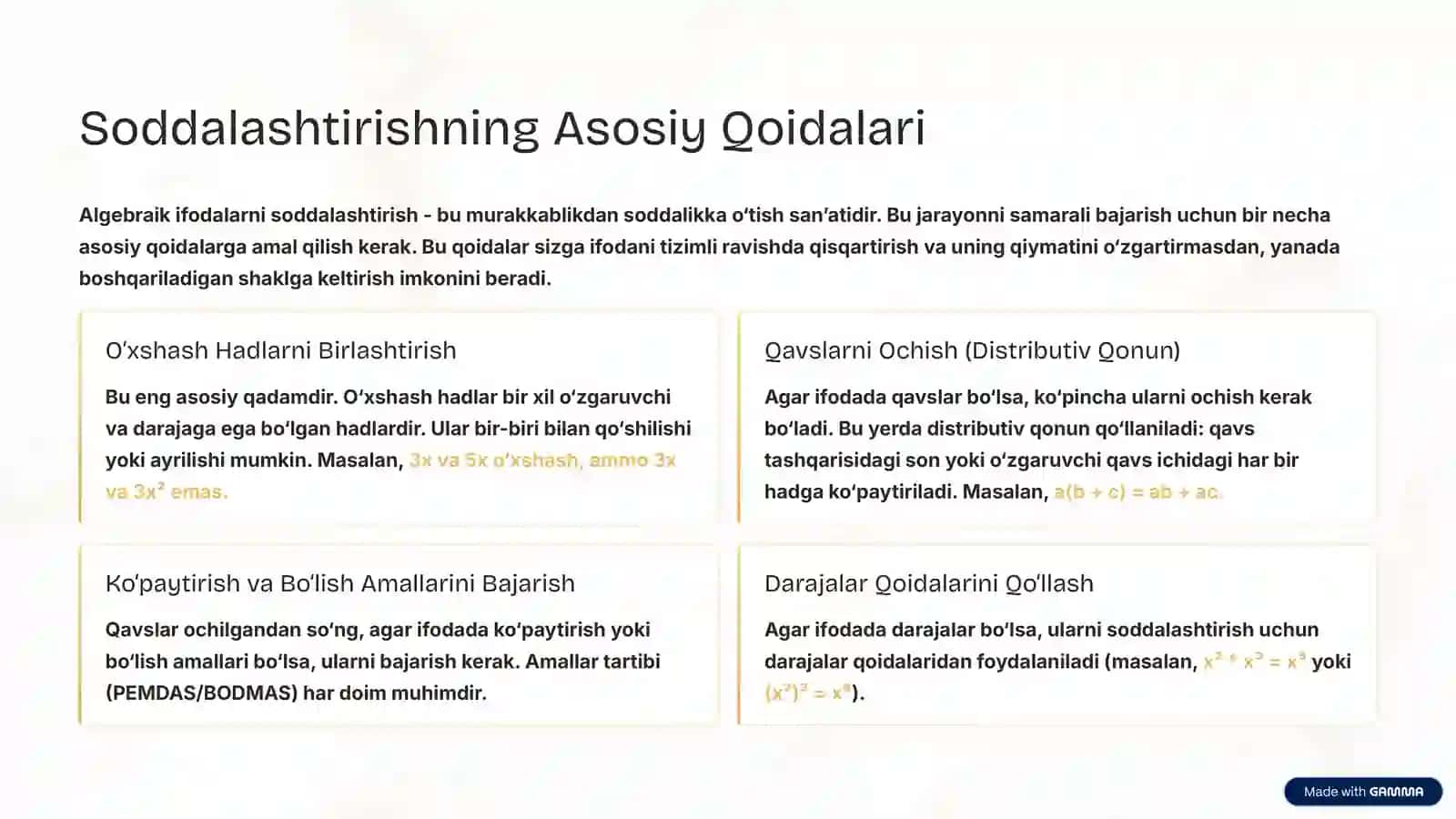 Algebraik Ifodalarni Soddalashtirish: Matematikani Osonlashtirish Sanʼati 3