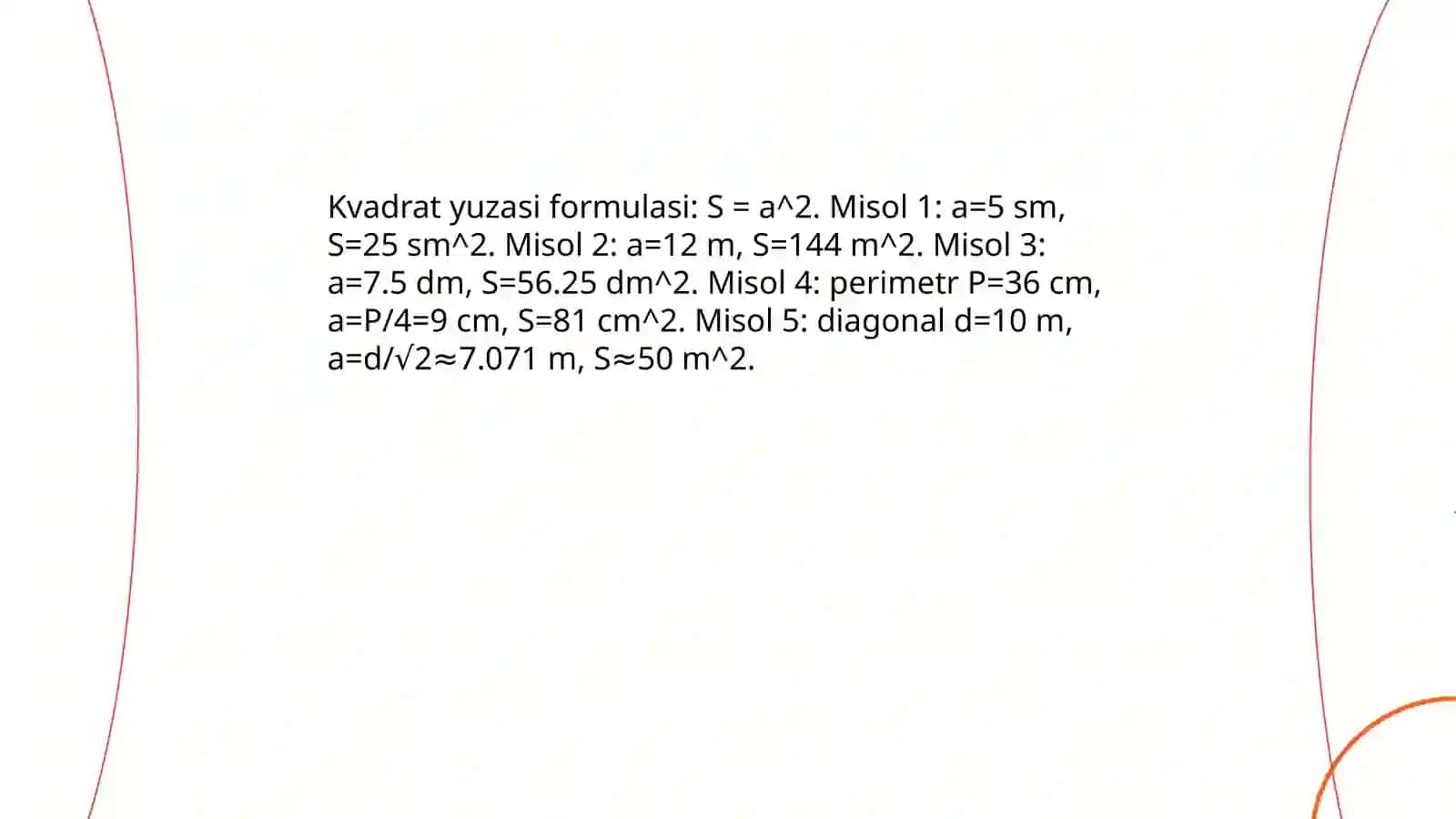 Tekis figuralarning yuzalariga oid  misollar yechish. Yuzalarni hisoblashga doir masalalar 3