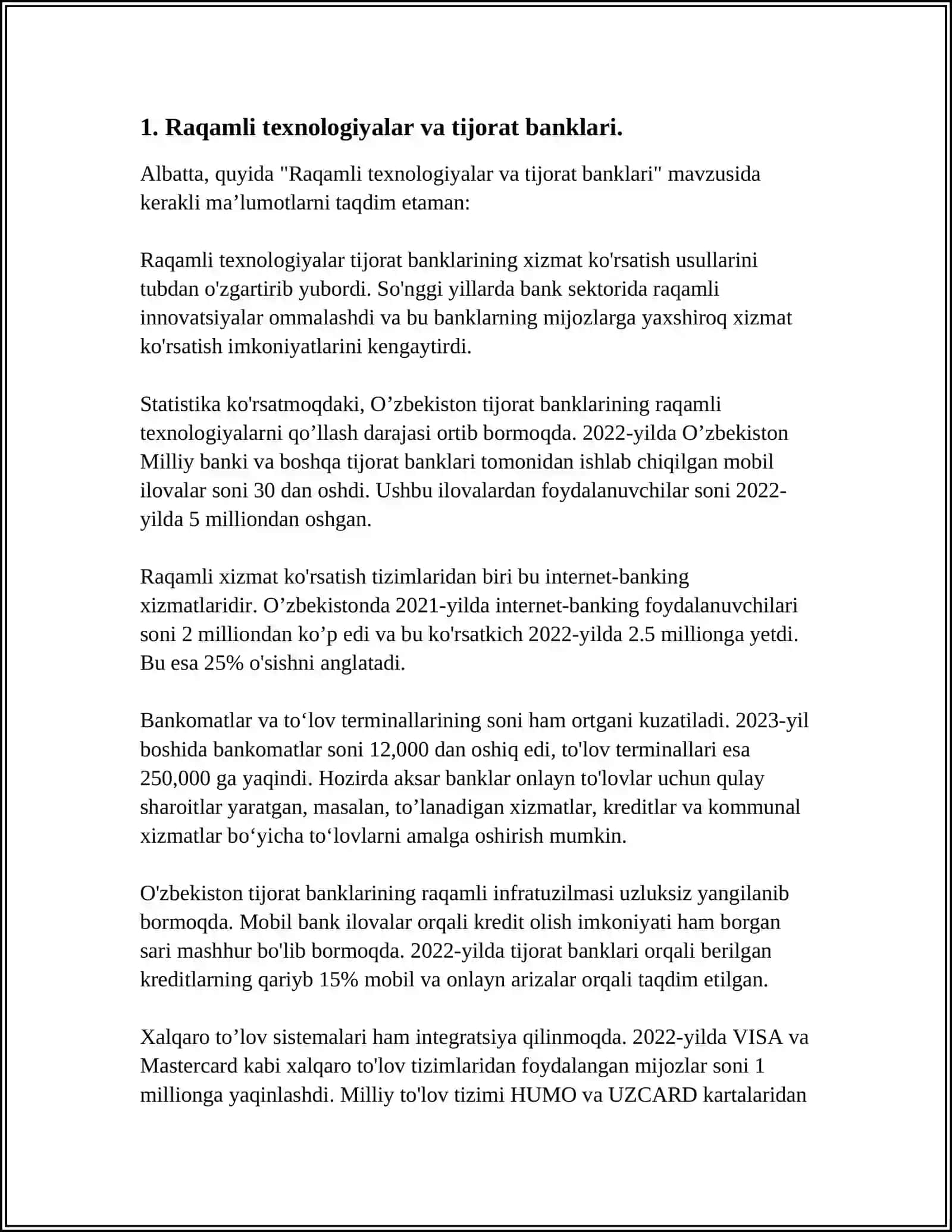 TIJORAT BANKLARIDA ZAMONAVIY BANK MAHSULOTLARINI YARATISHDA RAQAMLI TEXNOLOGIYALARDAN FOYDALANISH 3